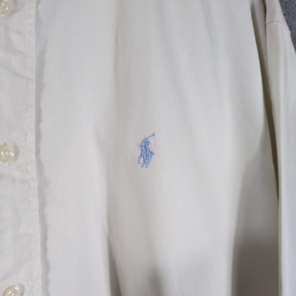 Ralph Lauren Mens XL Button Down Shirt Cream Cotton Long Sleeve Blue Pony Logo - Picture 7 of 9